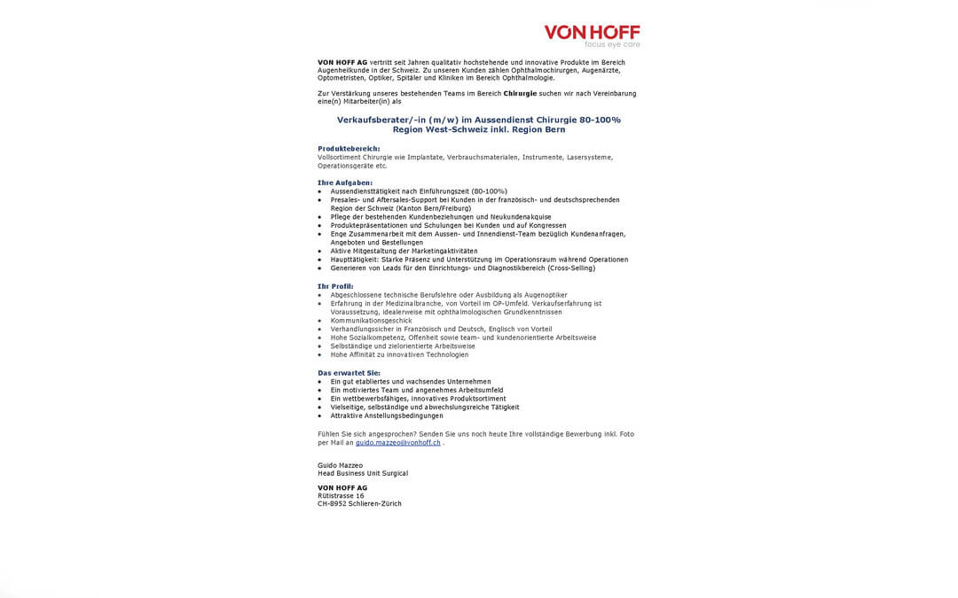 Verkaufsberater/-in (m/w) im Aussendienst Chirurgie 80-100% Region West-Schweiz inkl. Region Bern