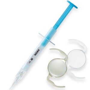 Nidek NP‑1 asphärische hydrophobe Intraokularlinse mit vorgeladenem Injektor und zwei IOL‑Linsen zur Illustration
