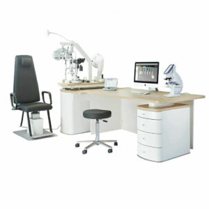 Zuhnemer EyeLine Basic 2‑Geräte Instrumententisch für Refraktionsräume mit Stuhl, Schraubstock‑Phoropterarm und Monitor